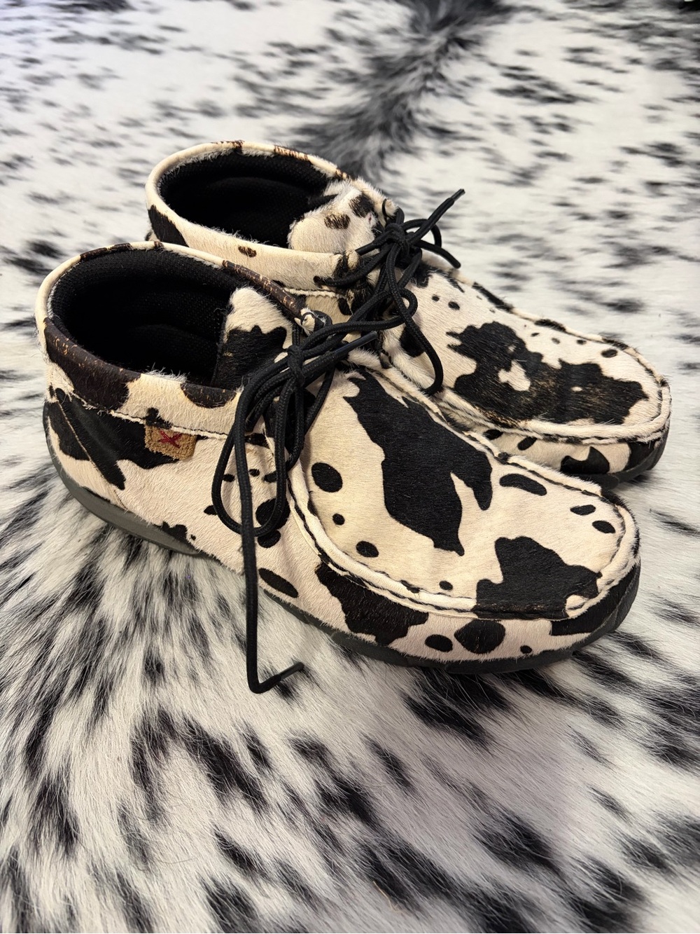 Twisted X Black & White Cow Print Lace-Up Flats